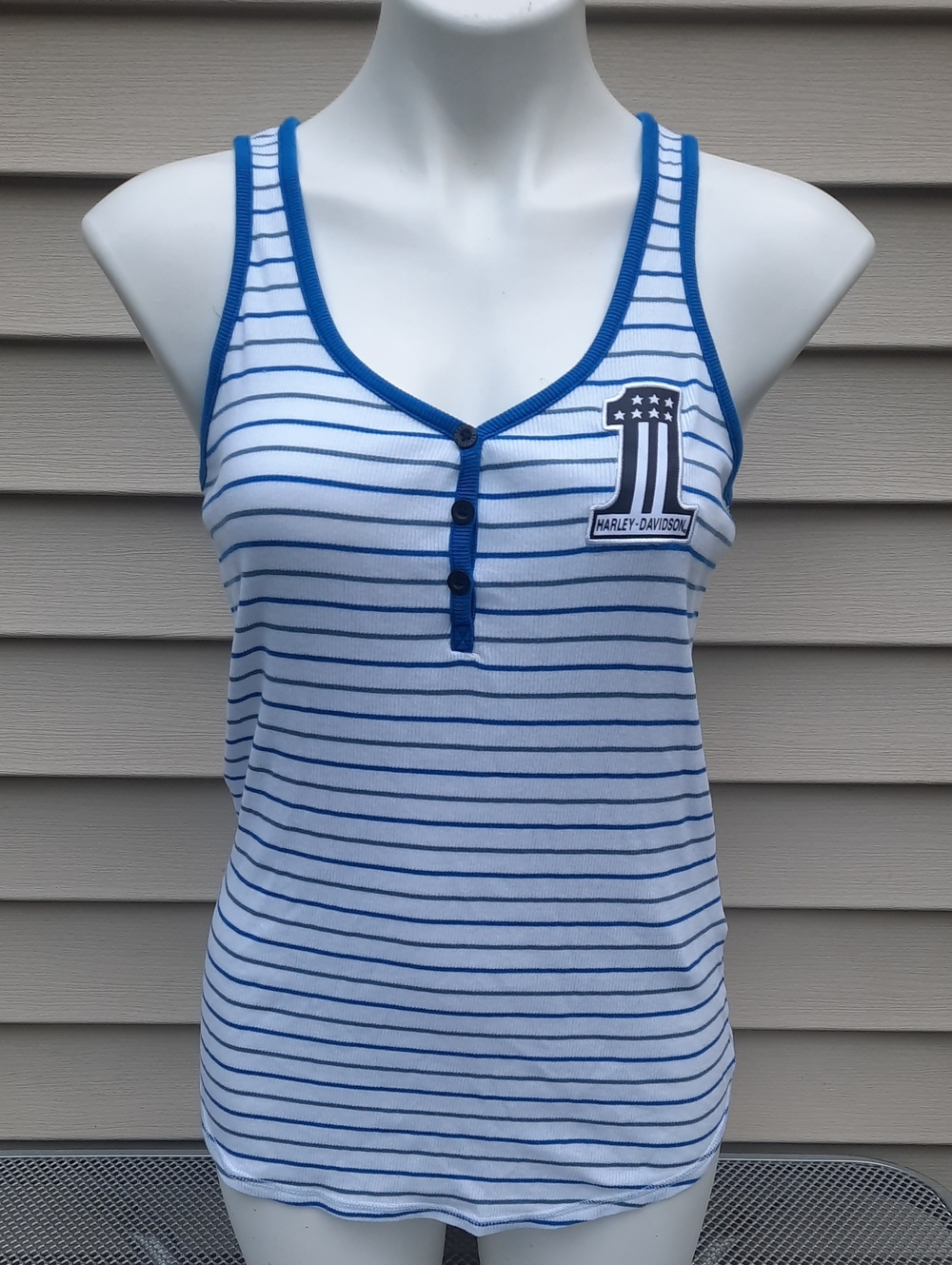 Harley Davidson White and Blue Striped Number 1 Racing Henley Tank Top Medium